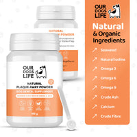 OURDOGSLIFE NATURAL PLAQUE AWAY POWDER - natūralūs dantų apnašų šalinimo milteliai, 200g arba 500g